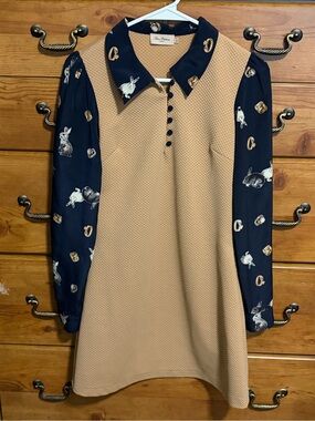 Miss Patina Beige Knit Dress with Navy Printed Long Sleeves